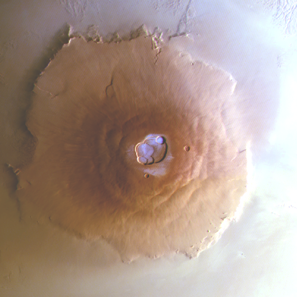 Frost is observed in the caldera of Olympus Mons on Mars