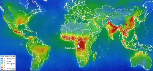 Global distribution of formaldehyde, measured by TROPOMI in the period Janunary- August 2018 © BIRA-IASB/DLR/ESA/EU