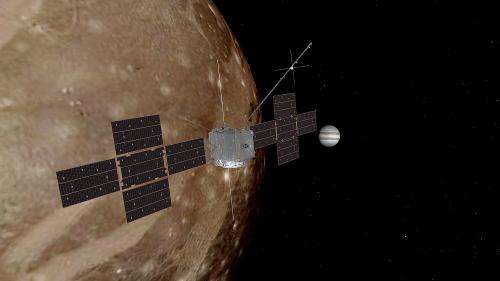 Artist’s impression of the spacecraft JUICE orbiting Ganymede