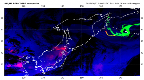 Sheveluch eruption 12 April 2023 observed east of Kamchatka