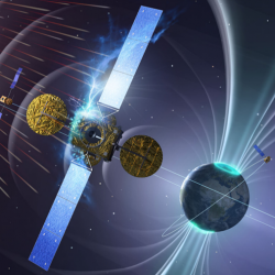 Cartoon electrostatic discharge on satellite in space
